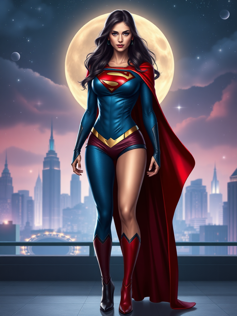 Create a full-length image of a character inspired by Superman, but with the female body type of Zatanna. The character should have Superman's iconic costume, complete with the "S" emblem, but tailored to fit a more feminine silhouette. Navigate the blend of both characters' aesthetics seamlessly. The background should reflect an enchanting yet heroic setting, combining elements like a mystical city skyline and hints of magic that resonate with Zatanna's theme while still showcasing a superhero atmosphere. The lighting should highlight the character, emphasizing strength and grace.