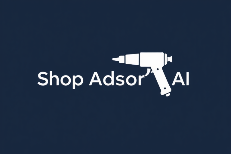 A logo for shop repair software called "Shop Advisor AI", with a wrench or pneumatic gun element incorporated