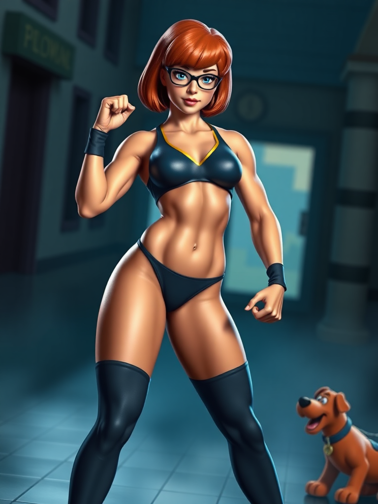 Create a full-length hyper-realistic render of Velma Dinkley reimagined as a muscular male character, featuring a chiseled superhero build. Focus on defined muscles and a V-shaped torso, maintaining Velma's head and costume intact while adjusting the silhouette for a masculine appearance. Position the character in a dynamic pose. Include a background that complements the character's playful and adventurous nature, perhaps a mystery-themed setting or a Scooby-Doo-inspired scene. Aim for vibrant colors and detailed textures to enhance realism and visual impact.