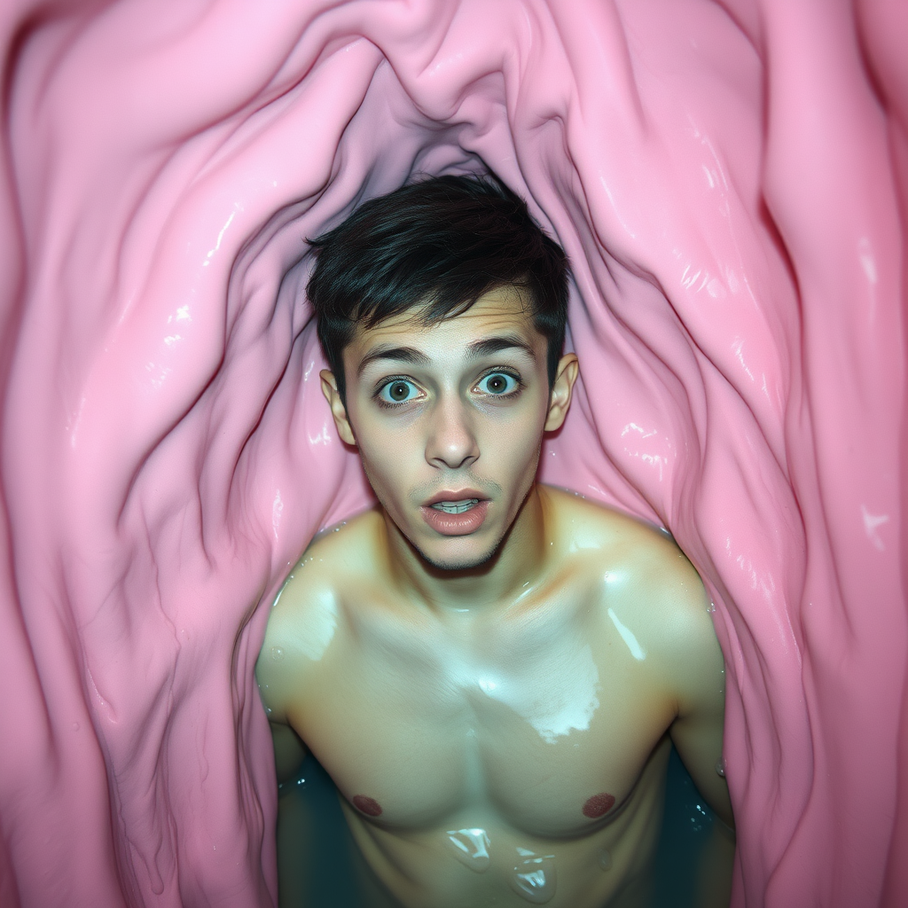 Young man stuck in a tight space. Only his head and torso are visible. The walls of the space are undulating, pink, wet, and engulfing his body. Sticky, clear liquid covers every surface. He has a surprised expression.