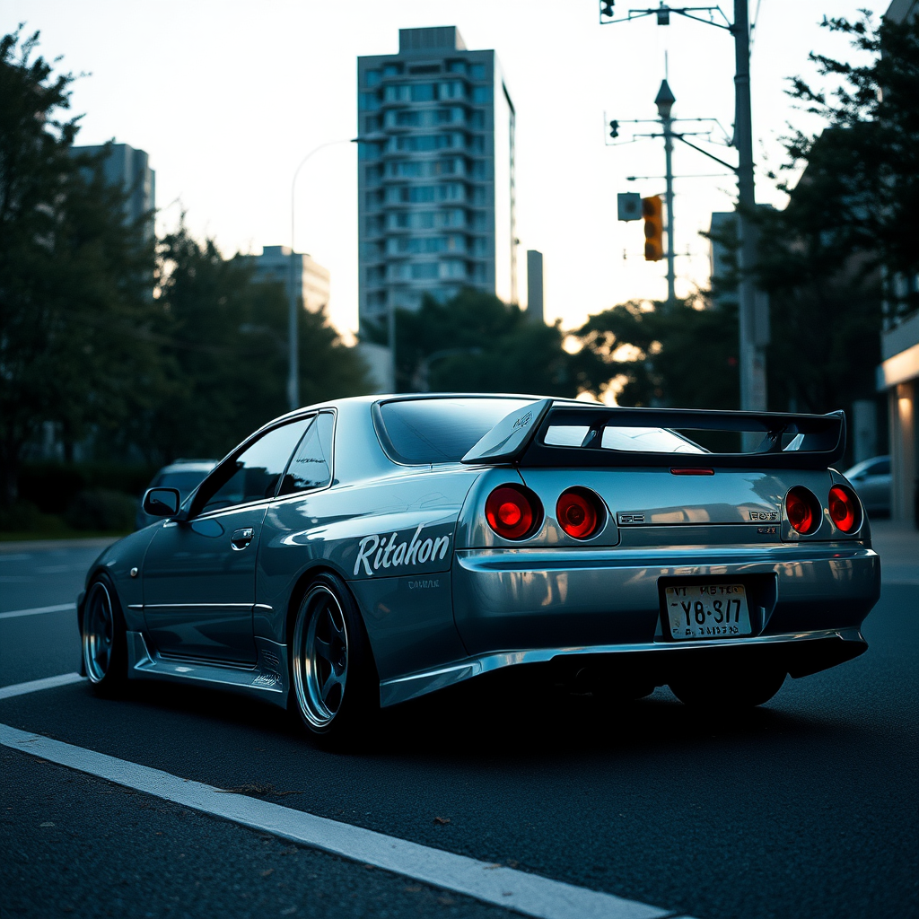 The car is parked on the side of the road, inspired by Taiyō Matsumoto, tumblr, restomod, nd4, c4 metallic shine nissan skyline r34 tokyo gece arkaplan