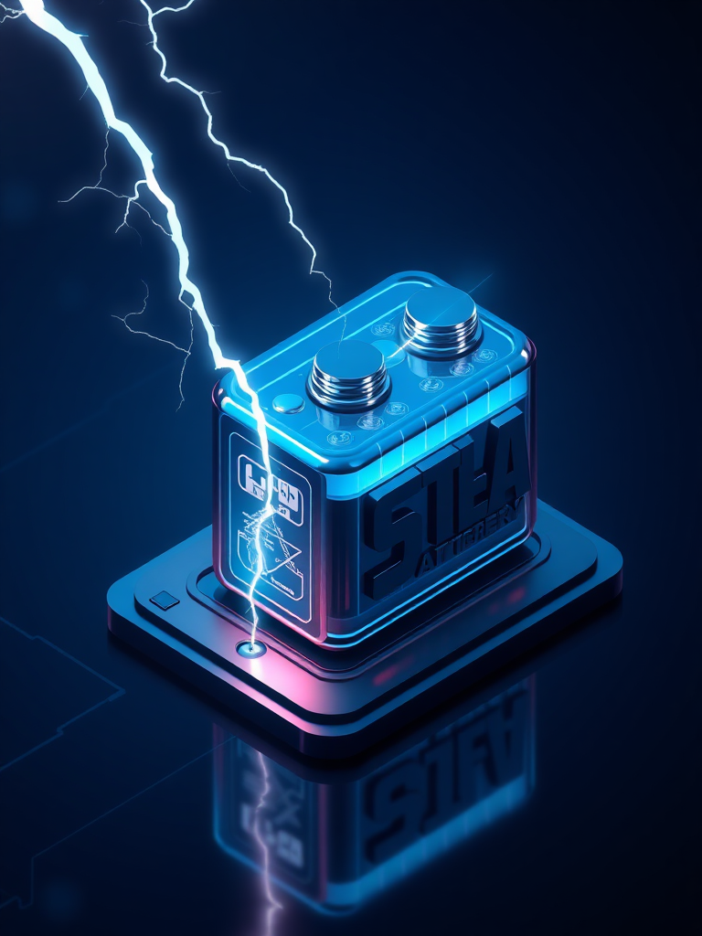 Create an image with precise expression using realistic 3D lettering, express a secondary battery cell, create an isometric view, draw the Tesla phenomenon (lightning) occurring in the battery, and express the background in a cybernetic and luxurious dark blue.