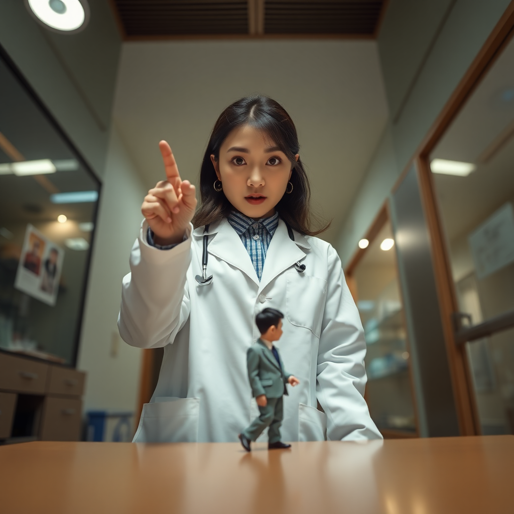 photo low angle POV Korean woman wearing lab coat standing and pointing her finger down toward the table in front of her. she has a surprised look on her face. she looks at a tiny man