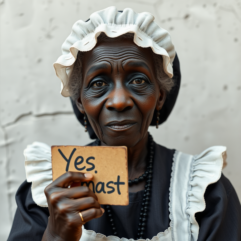 A black woman maid dressed old a sign "Yes master"