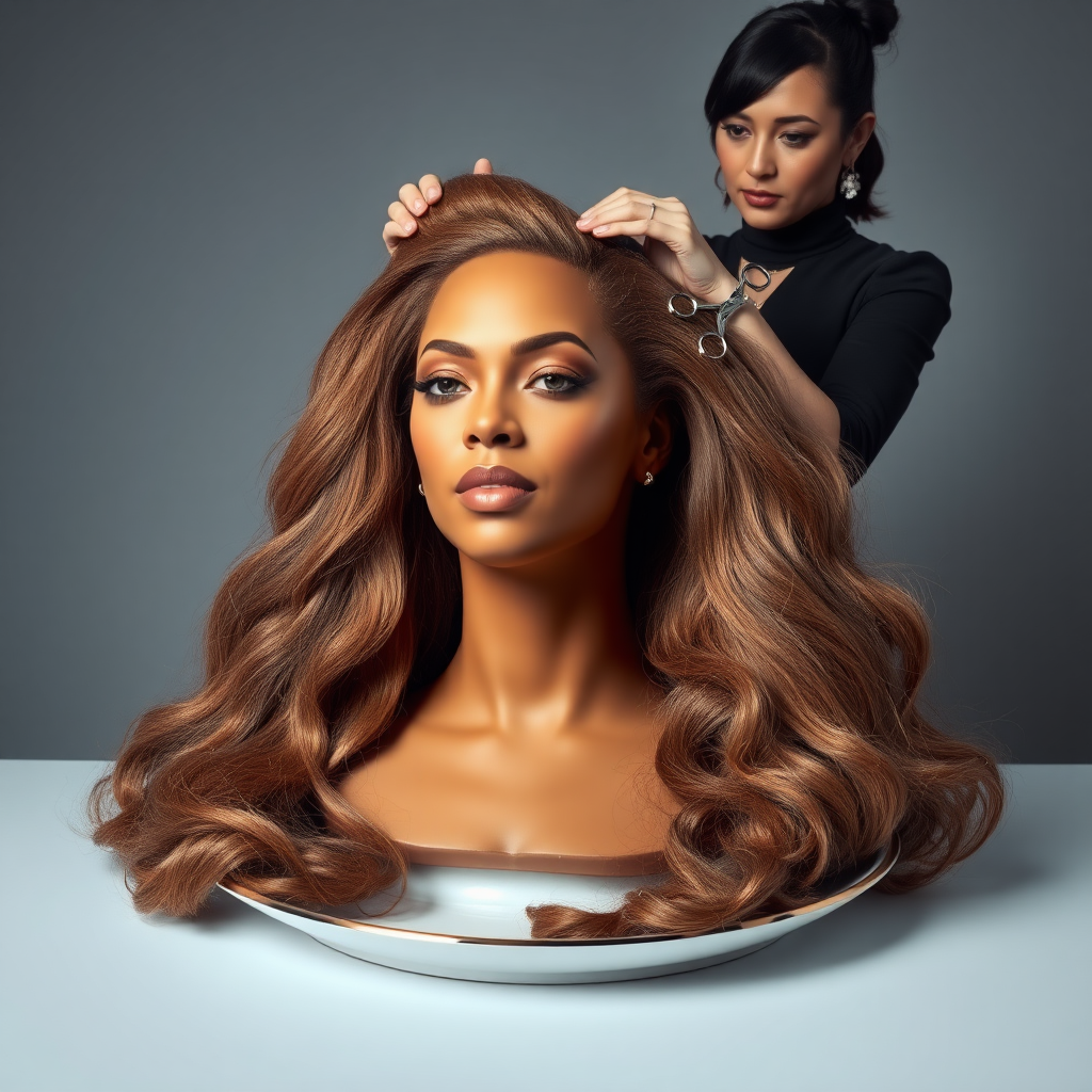 In a surreal and provocative scene, a beautifully tethered, disembodied head of Beyoncé rests gracefully on an elegant porcelain plate, her long, luxurious hair cascading like a waterfall of silky strands around the edges, creating a striking contrast against the stark, muted gray background. The sheen of her skin glows softly, exuding an air of ethereal beauty, while her chin rests directly on the plate, poised and serene. Behind her, a skilled hairdresser, clad in chic black attire, stands with a focused expression, gently teasing and arranging her magnificent hair with nimble fingers, creating intricate patterns that defy gravity. The atmosphere is oddly intimate yet surreal, blending an appreciation of beauty with an unsettling twist, as soft light casts subtle shadows, enhancing the textures of both hair and porcelain. The air is filled with a quiet stillness, broken only by the subtle sound of the hairdresser’s scissors snipping rhythmically and the faint fragrance of hair products mingling with the cool air, heightening the unusual but captivating atmosphere of the scene.