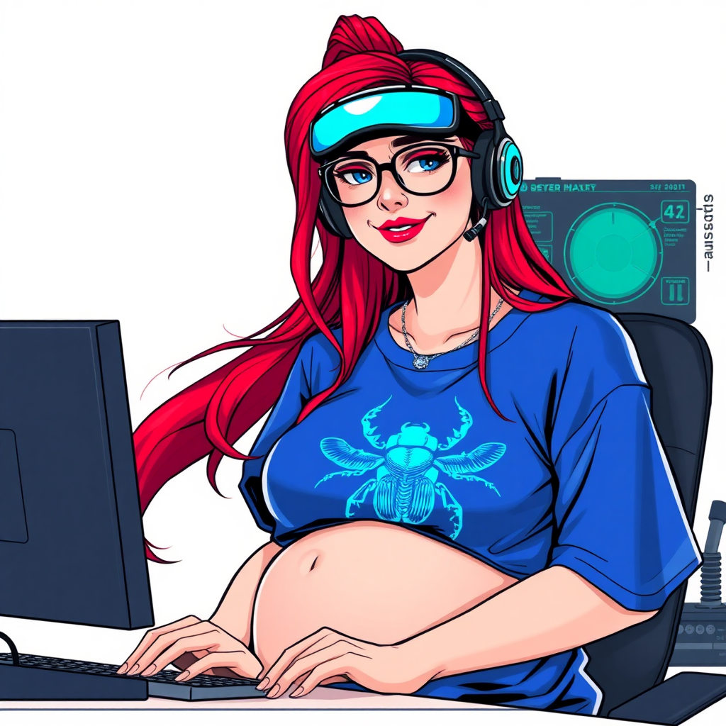 A cyberpunk vigilante’s full-figured intelligent and tech-savvy 29-year-old girlfriend, who is a computer hacker and tech genius. She has a long ruby red ponytail. She wears maximum blue lipstick, bright blue eyes, a sapphire beetle gemstone necklace, sapphire earrings, black eyeglasses, and an oversized maximum blue t-shirt featuring a blue sapphire gemstone crusted beetle chest icon. She has a full-figured physique with a prominent, massive, round belly, reflecting her well-cared-for lifestyle. She sports a sapphire headset with a hi-tech maximum turquoise lensed HUD, and a shy smile with a neon red blush. She serves as his tech expert from his hideout, diligently working at her lab table and computer desk. The background is solid white. She is drawn as if she was in a retro 2D cyberpunk fighting game.