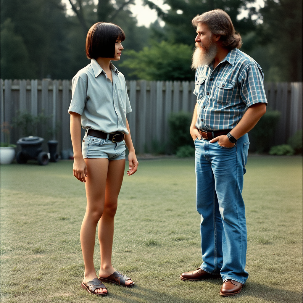 tall 14yo teen boy, long hair bob cut, wearing shirt and very tight booty shorts, long legs, narrow thighs, full-length front view. with bearded father wearing shirt, long jeans, shoes. looking at each other. 1970s. At backyard. photorealistic, ultra high resolution, 16K, Negative: grainy, blurry, bad anatomy, extra limbs, watermark.