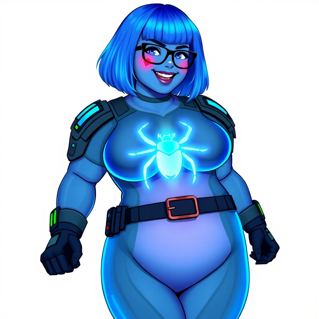 A 29-year-old computer science major, now transformed into a full-figured, nerdy digital sidekick for her cyberpunk vigilante boyfriend, with maximum blue skin. Her bob cut seamlessly blends with her skin, forming part of her data, and her neon blue eyes glow intensely. Her full figure is defined by a prominent round gargantuan midsection, sequoia-sized limbs, and broad shoulders. As a loyal and supportive sidekick, she plays a crucial role in their missions, using her digital skills to assist and protect.

She wears a digital, computerized bodysuit which blends with her hair and skin (appearing to merge together like computer data), all are colored maximum blue. The bodysuit has a glowing neon blue beetle chest icon, along with matching high-tech gloves. She bashfully giggles with a neon red blush, emitting neon blue data cubes from her body, set against a solid white background. Heavily pampered by her doting boyfriend, her full figure clearly shows this care. She has the ability to hack into computers and machines, and her nerdiness is blatantly obvious with her black oversized eyeglasses. Her full figure (especially her round gargantuan midsection) is prominently displayed and heavily emphasized. Her outfit is influenced by DC’s Jennifer Knight Phantom Lady but remains distinct. She is drawn as if she was in a retro 2D cyberpunk fighting game. Ensure her skin color is distinct from Inside Out's Sadness and any other character. Ensure her midsection is round and her proportions are bloated to emphasize her figure.