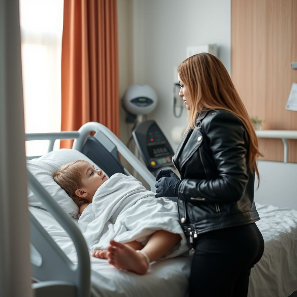 A beautiful female burglar in black leather jacket over black t-shirt with black pants and gloves visits her sick little daughter lying in hospital bed.