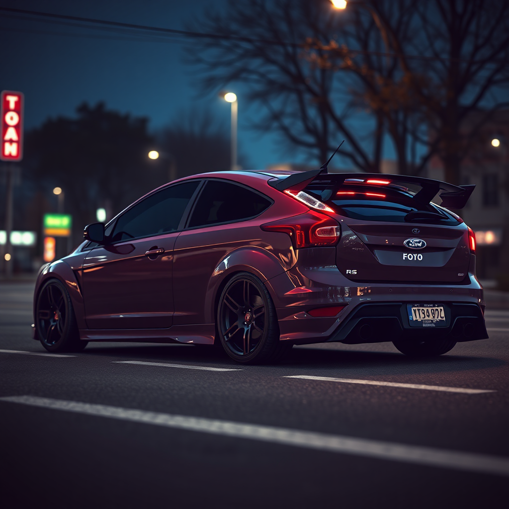 #AIart #flux1 #aiart #aiphotography #photorealism #flux1pro ford focus rs 2009 car is parked on the side of the road, inspired by Taiyō Matsumoto, tumblr, restomod, nd4, c4