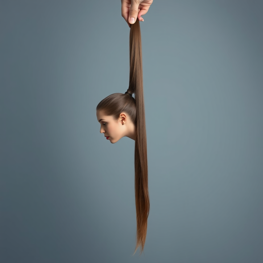 Surreal image of a very long haired woman's beautiful disembodied head hanging by her very long hair. Her very long hair is gathered at the top of her head into a long ponytail that stretches upward into a grasped hand. Plain gray background.