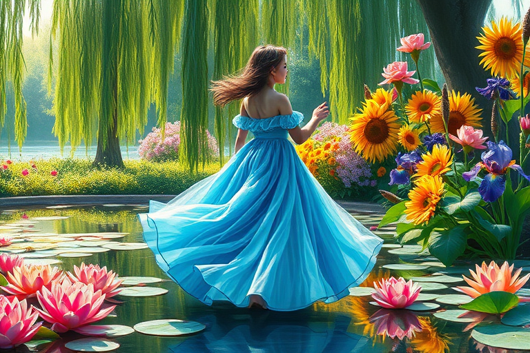 In a lush, idyllic garden inspired by Claude Monet's enchanting water lily paintings, a young girl stands gracefully at the forefront, her oversized dress flowing like a cascading waterfall of vibrant colors. Each intricate layer of her dress appears to come alive with the swirling patterns of cerulean blues, soft lilacs, and bright corals, creating a delightful contrast against the soft greens of her surroundings. The thick, textured gouache brings forth a tactile quality, with the paint almost seeming to leap from the canvas, while the impressionist brush strokes capture the movement of a gentle breeze that rustles the petals of nearby flowers.

Bathed in the soft glow of the afternoon sun, the garden buzzes with life; dappled light filters through the boughs of ancient willow trees, their long, emerald tendrils dipping into the glossy surface of a tranquil pond. Reflections shimmer like gemstones, mirroring the exuberant blossom of lilypads. The air is fragrant with the sweet scent of blooming roses and lilacs, while the delicate sound of bees humming harmoniously dances in the warm breeze.

Beyond the girl, vibrant splashes of color burst forth—sunflowers stand tall and proud, their golden petals a stark contrast against the deep indigo of a distant sky, while irises bloom in regal shades of violet and regal blue, adding further depth to the scene. Each element draws attention to the girl's whimsical pose as she twirls playfully amid this overwhelming explosion of nature's artistry. The artwork is presented in stunning 8k resolution, inviting onlookers to explore every minute detail, from the soft sheen of her dress to the rich textures of the flora surrounding her—each aspect blending seamlessly in an impressionist symphony that feels palpably alive.