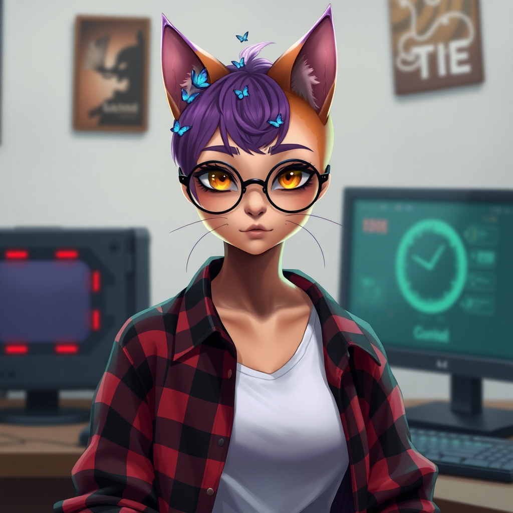 female cat-man without breasts/flat chest serious chestnut color with small blue butterflies on her head, with an UNDERCUT purple haircut, hazel eyes, wearing semi-round glasses, a red and black checkered open shirt with a white t-shirt, in front of a desk with a gaming PC, in digital art