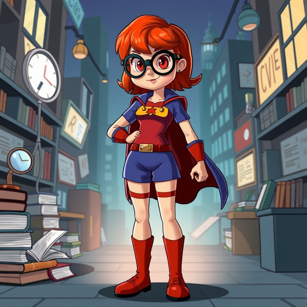 Create a full-length photorealistic image of a hybrid character: Velma Dinkley combined with the body of a male superhero. Maintain Velma's iconic costume but modify it to fit her new proportions. Design the background using elements inspired by Velma's inquisitive and intelligent nature, featuring elements like magnifying glasses, books, and mysterious clues, all set in a stylized, cartoonish urban setting that complements the hybrid character. Prioritize vibrant colors and dynamic poses to convey a sense of action and curiosity.