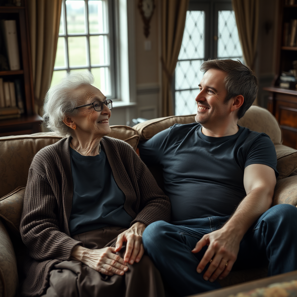 In a scene viewed from an angle and slightly above: In an old-fashioned English living room, a very frail and thin, very elderly English lady with a kind smile, short, thinning white curly hair, wrinkled face, neck and skin, wearing thin framed glasses, an old cardigan, blouse and long skirt is sitting on a sofa with an English man about 40 years old, grey stubble on his chin, brown hair, sitting close next to her on the same sofa, wearing a black T-shirt and dark blue jeans. The man and woman are smiling at each other. The woman is looking at the man's eyes and smiling. The man is looking at the woman's eyes and smiling.