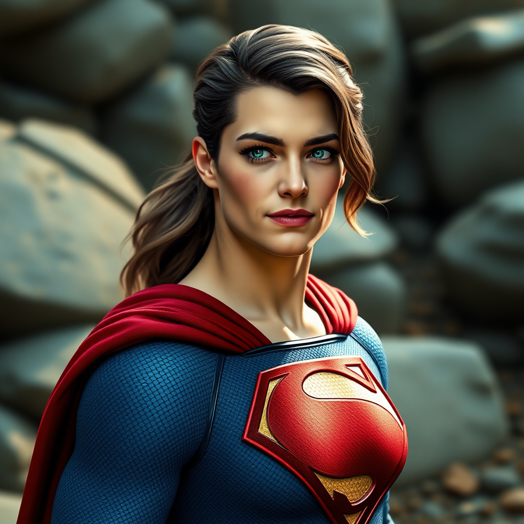 Create a photorealistic full-body image of Superman, but adapt his figure to resemble Marie Rose. Preserve Superman's head, hairstyle, and facial features while adjusting the costume to suit the new proportions. Set the scene with a background inspired by elements from both characters' universes.