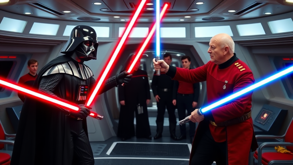 Setting, aboard the star ship Enterprise bridge. Darth Vader is holding a red lightsaber and Patrick Stewart as Captain Picard is holding a blue lightsaber. Darth Vader and Patrick Stewart are having a lightsaber fight while the crew of the Enterprise is watching.