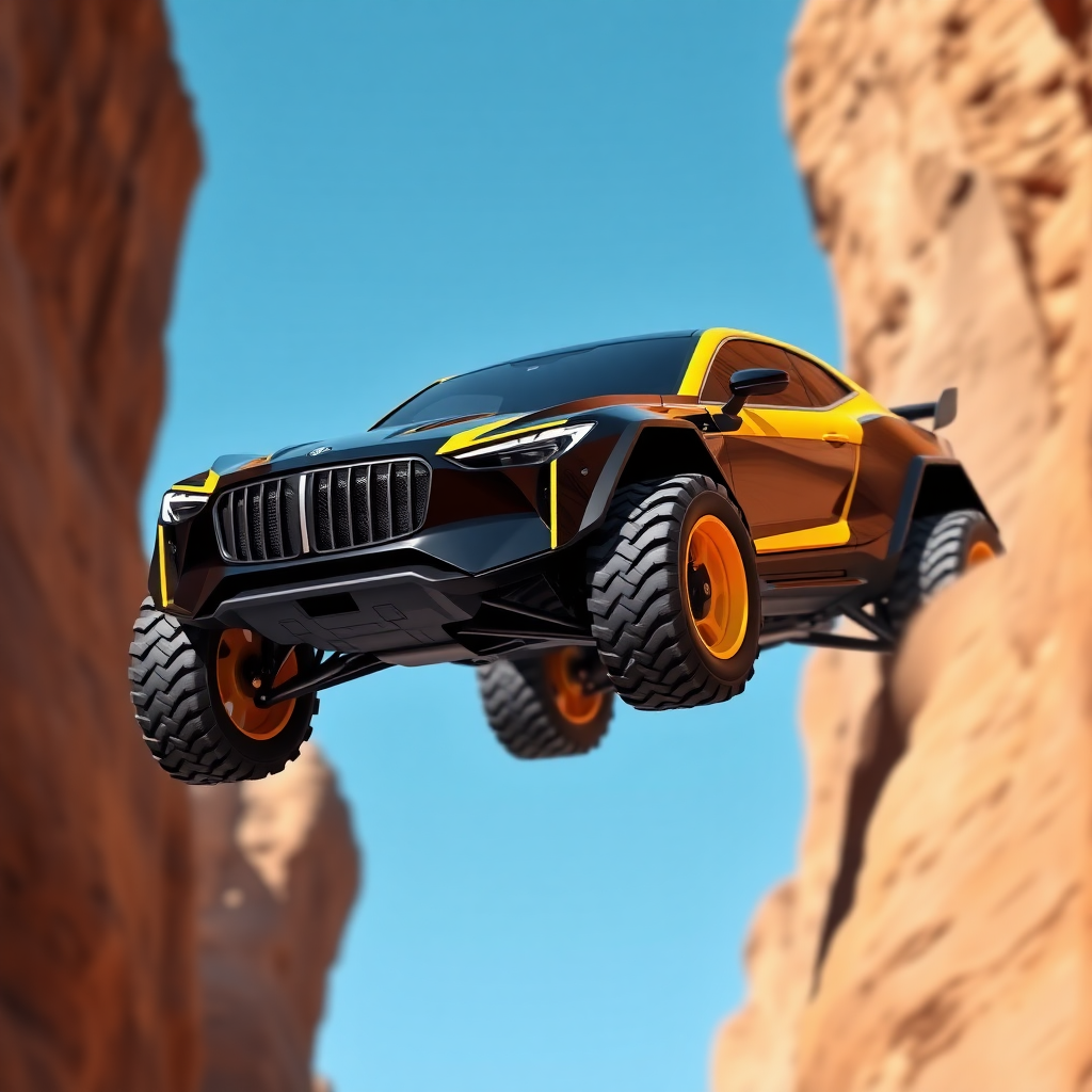 A 3D render of a futuristic Maybach supercar with off-road tires. The car is inspired by the Megazord and has a black and yellow color scheme. The car is driving through a canyon with steep cliffs. The background is clear blue sky.