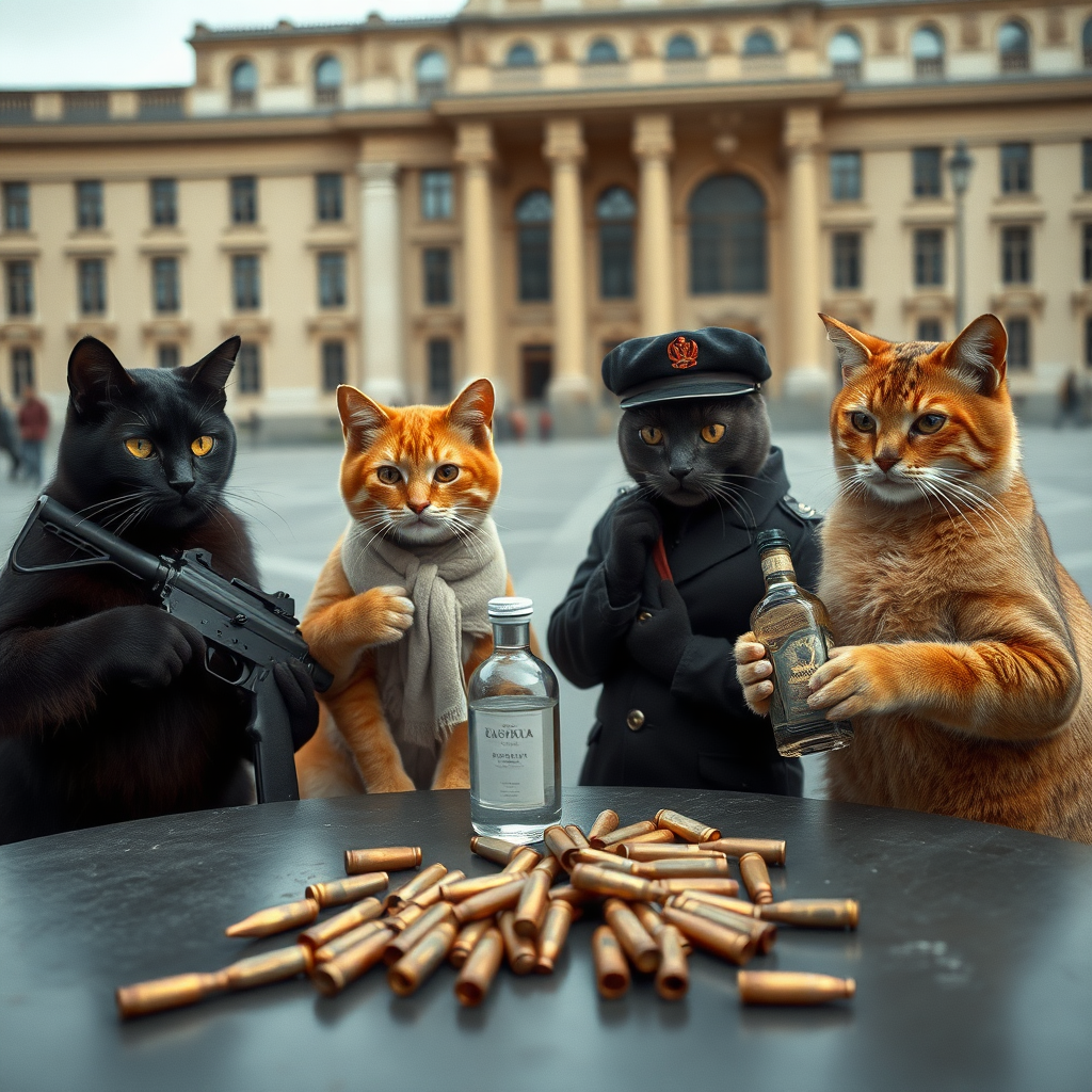 4 cat-men in a large square, a dark-skinned one holding an AK-47, an orange one with a Russian military cap, a dark brown one and a light brown one, communist from the USSR with vodka, around a table with bullet casings on it (film-style photo)