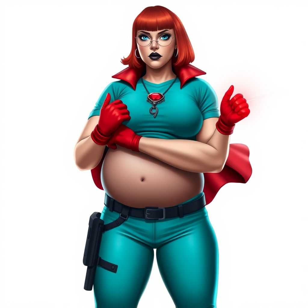 A 26-year-old, full-figured, magical girl vigilante detective becomes the heavily pampered mystical ally of her cyberpunk vigilante older brother figure. She has a bright red bob cut, black lipstick, and piercing bright blue eyes. She has a new non-athletic build, now highlighted by a prominent, round, gargantuan midsection (fully focused on her gargantuan belly), which shows the aftermath of her new pampered lifestyle. Despite her pampered physique, she shows full confidence. She wears a magical girl detective costume consisting of a gargantuan, magical, tight-fitting, maximum turquoise t-shirt (accentuating and emphasizing her gargantuan belly), maximum turquoise biker pants, complemented by a glowing neon red cape, a mystical ruby amulet (which is the source of her mystical powers), and magical red gloves glowing neon red. Her magical girl detective costume covers all her skin and emphasizes her full-figured physique (especially her gargantuan belly). Her stance is firm and resolute, arms crossed, exuding a no-nonsense attitude. Her costume reflects the influence of DC New 52 Prime Earth’s Phantom Lady, Jennifer Knight, while her pose embodies the moral ambiguity and determination reminiscent of DC’s Pax Americana’s The Question. She is on a solid white background. She is drawn as if she was in a retro 2D cyberpunk fighting game. She is clearly non-athletic, with a focus on her full-figured physique (especially her gargantuan belly). Make sure that her t-shirt covers all of her bare skin (especially her gargantuan belly).