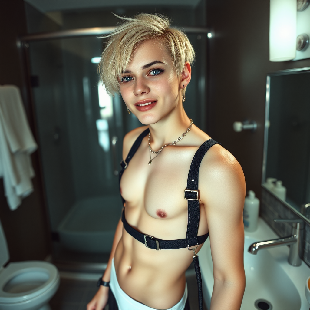 photorealistic, ultra high resolution, 16K, surreal fantasy, studio lighting, a pretty 16 year old goth boy, slim male physique, short blonde hair, goth makeup, earrings, pantyhose, harness, spikey dog collar and leash, trainer-bra, white ballet shoes, in the bathroom, excited smile, facing the camera.