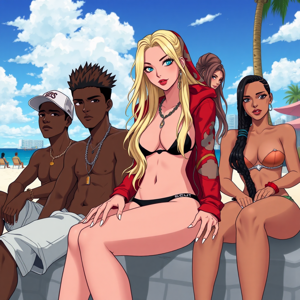 Anime of A 19 year old thug ghetto women, white, long blond hair, wearing nothing but a micro-black bikini and g-string thong under red-white bape hoodie, red-lips, white-nails, down in Miami beach Florida near a city, she is sitting next to a dark-skinned male with dreadlocks and left to her is a male-latino with brown-fohawk hair and is very handsome with a sideways cap, there is also a latina women with a brown-ponytail (Lucia)