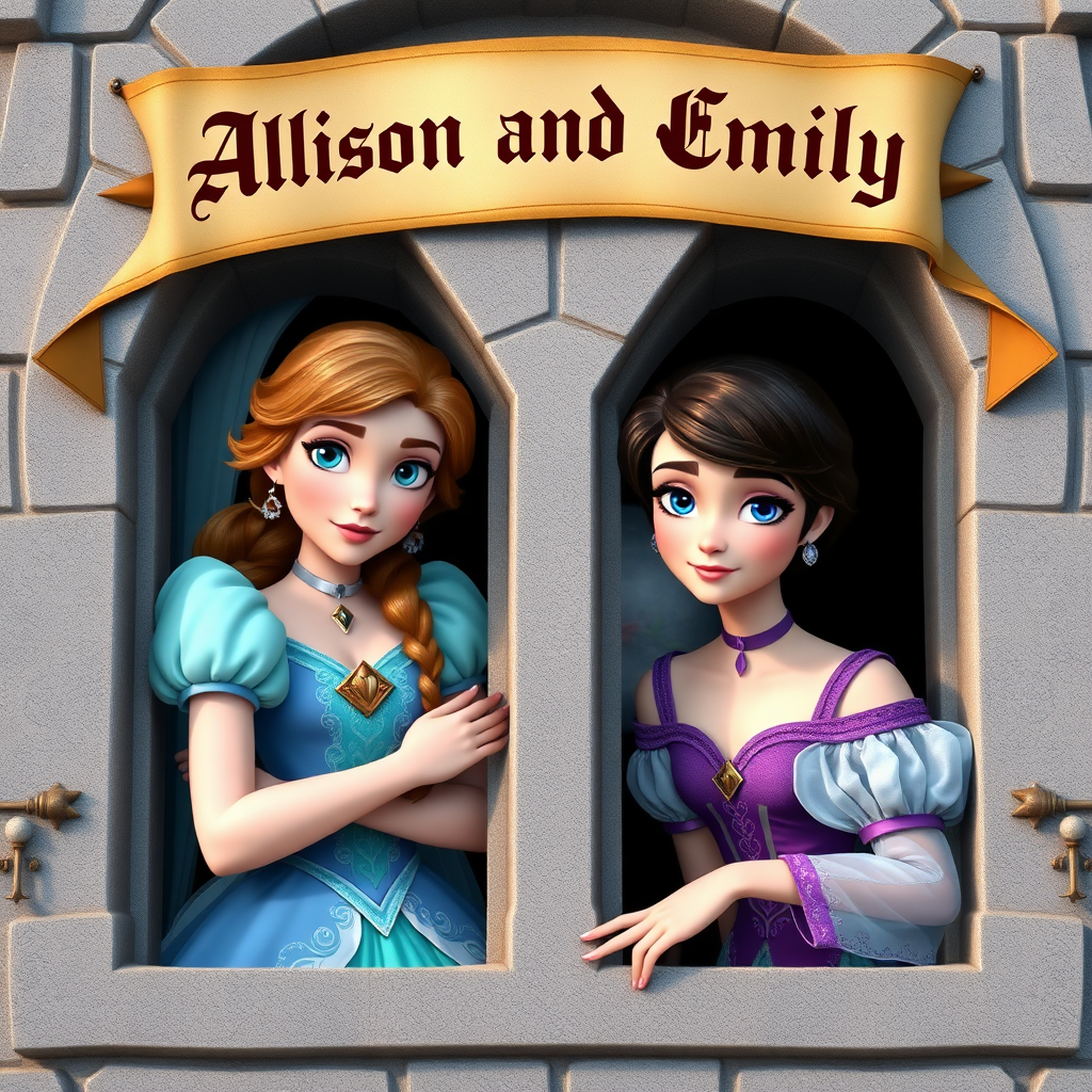 Two photo realistic princesses, one with light brown hair, blue eyes and aqua colored dress and the other with short brunette hair, blue eyes and purple dress peeking out the window of a castle with a medieval banner overhead saying "Allison and Emily"