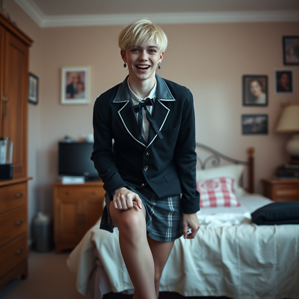 photorealistic, ultra high resolution, 16K, surreal fantasy, soft studio lighting, a pretty 16 year old goth male, slim male physique, short blonde hair, goth makeup, earrings, sheer pantyhose, UK girls-school uniform, Mary-Jane shoes, in the bedroom - , excited smile, facing the camera.