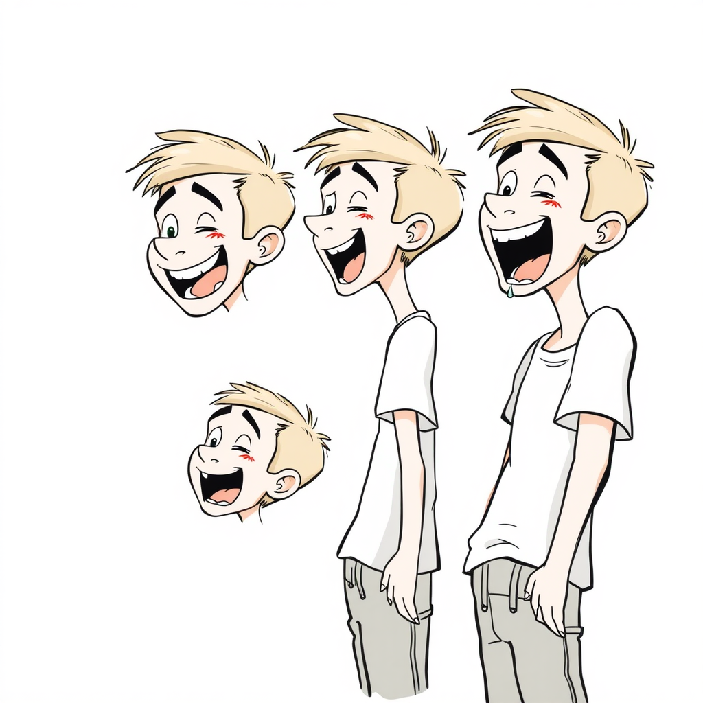 multiple views with progression, character design sheet, short, excited, smiling, ecstatic, open mouth, sweating, 15 year old european boy, drooling, detailed features, 
long establishing shot, 2D, caricature, cartoon, Sketch lines, coloring book, coloring book style on white background, well composed, clean coloring book page, No dither, no gradient, strong outline, No fill, No solids, vector illustration, side view, vector illustration, empty space around each view, movement lines