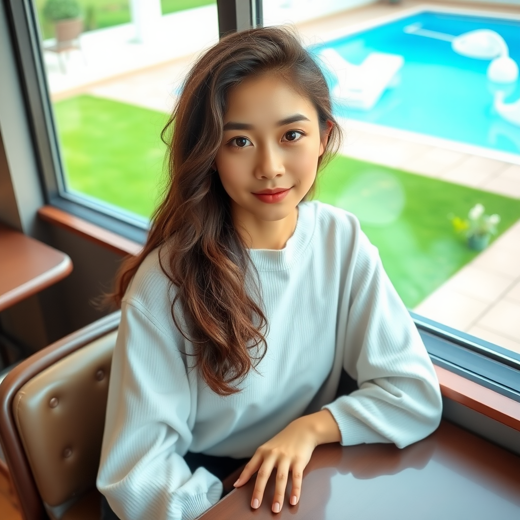 A young 18-year-old beautiful Xiaohongshu blogger, with fair skin, big eyes, long curly hair, an oval face, and very slender, sitting in a café, leaning on the table, with green grass and a swimming pool outside the window.