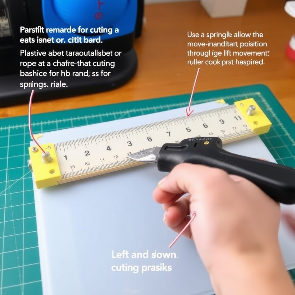 Plastic board and cutting mat: Place or secure the cutting mat on the plastic board to create a stable surface for cutting tasks.

Ruler with holes for the knife: Secure a ruler (or a tool that functions as a slider) with thin holes on the plastic board that allows a knife to fit through.

Left and right movement: Use a fastening device so that the ruler can move left and right, allowing you to position it as desired during work.

Up and down movement using springs: Attach springs to allow the ruler to move up and down, enabling you to lift or lower it as needed. This should make it easier to maneuver the ruler and carry out cutting tasks with a utility knife.