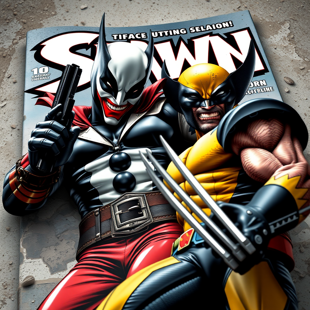 On a comic book cover is Spawn holding a gun Vs Wolverine in Cinematic Real3d photo-realistic quality.