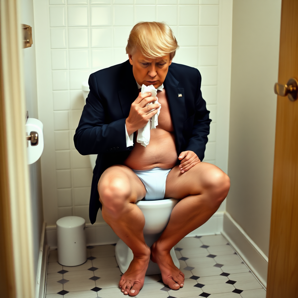 donald trump sitting on a toilet in underwear. he is holding a tissue in his hand an is facing the tissue. photo