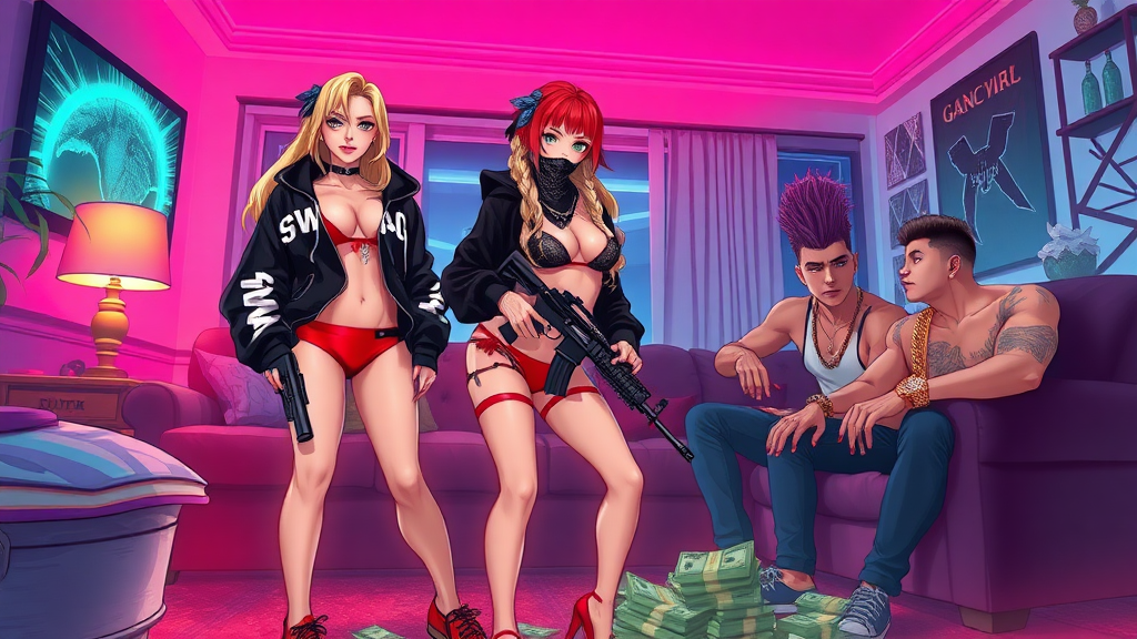 Background of a neon-lit gang-living room in Miami Florida, Anime, a sexy seductive long-blond hair, green-eyes with makeup eyelashes, wearing a black-white-dark swagger hoodie under a red-bikini and red-gstring thong, red-nails, holding glock-gun in left-hand, bags of cash on floor stolen, blue bandanna over covering mouth, standing up, next to her is a sexy-short red haired asian girl holding a ak-47 rifle and wearing a black-bra, sitting down is a white-bad boy teenager with purple-dreadlocks, latino-boy with brown-fohawk hair wearing golden jewelry and sipping on lean.