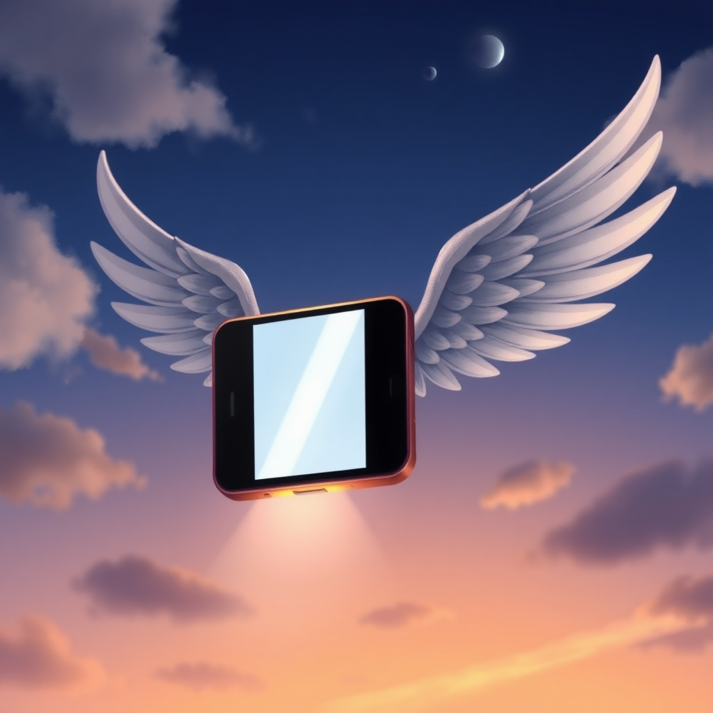 An iPhone with wings flying through a twilight sky, in the style of a professional children's illustration, lots of detail