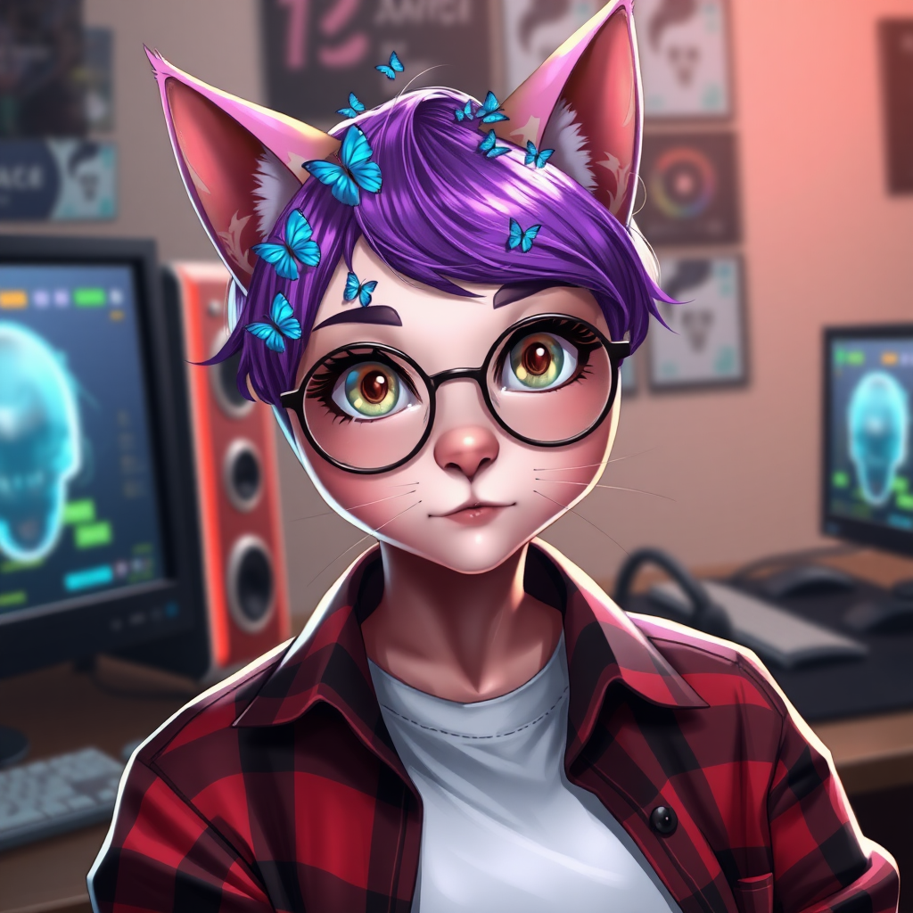 female lesbian cat-man with flat chest serious chestnut color with small blue butterflies on the head, a round head, with a purple undercut hairstyle, hazel eyes, dimples on the cheeks, chubby cheeks, wearing semi-round glasses, a red and black checked shirt open with a white t-shirt, in front of a gaming PC desk, in digital art.