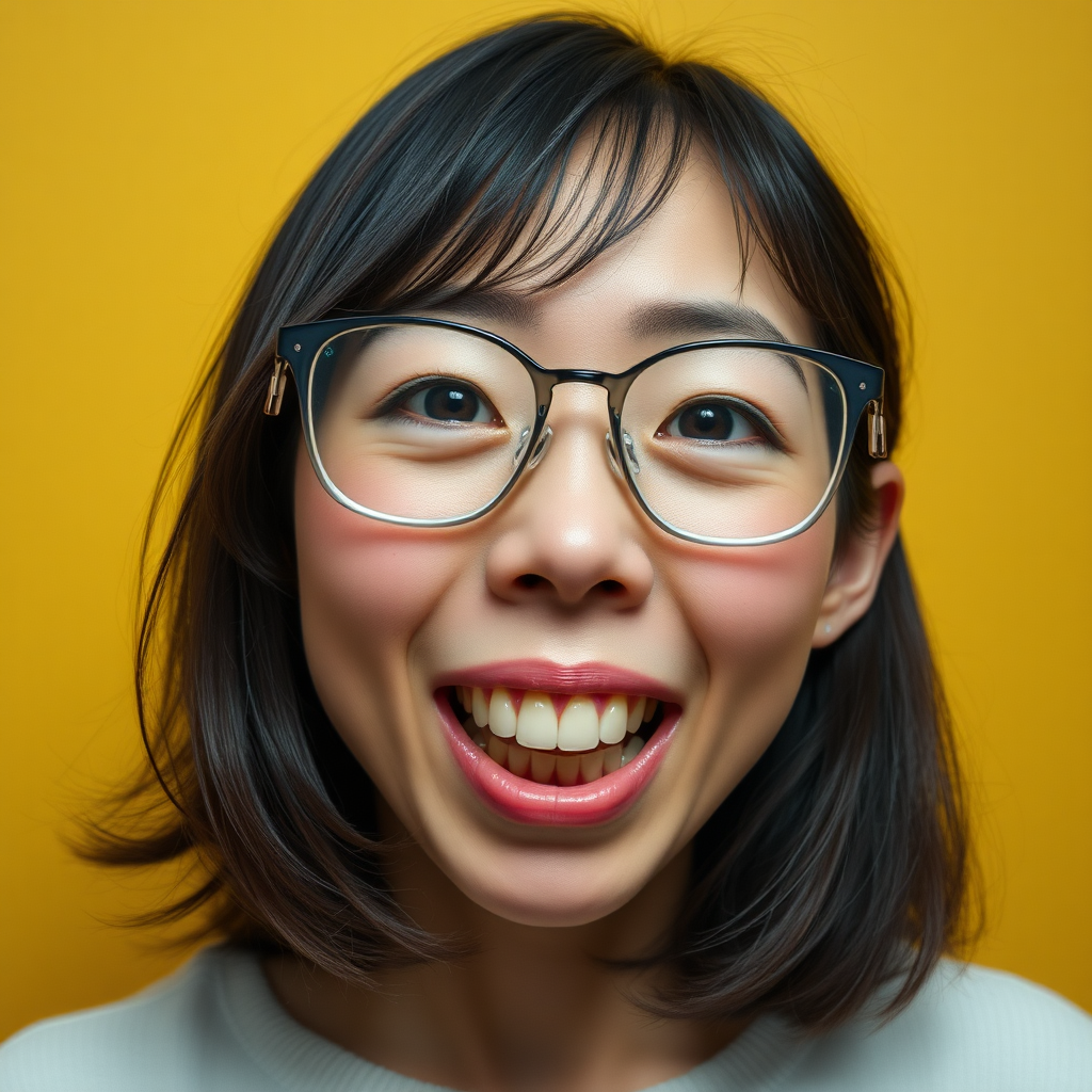 real photo, japanese nerdy skinny adult woman with big nose, big mouth, big yellowish teeth, moles, big eyeglasses and medium hair