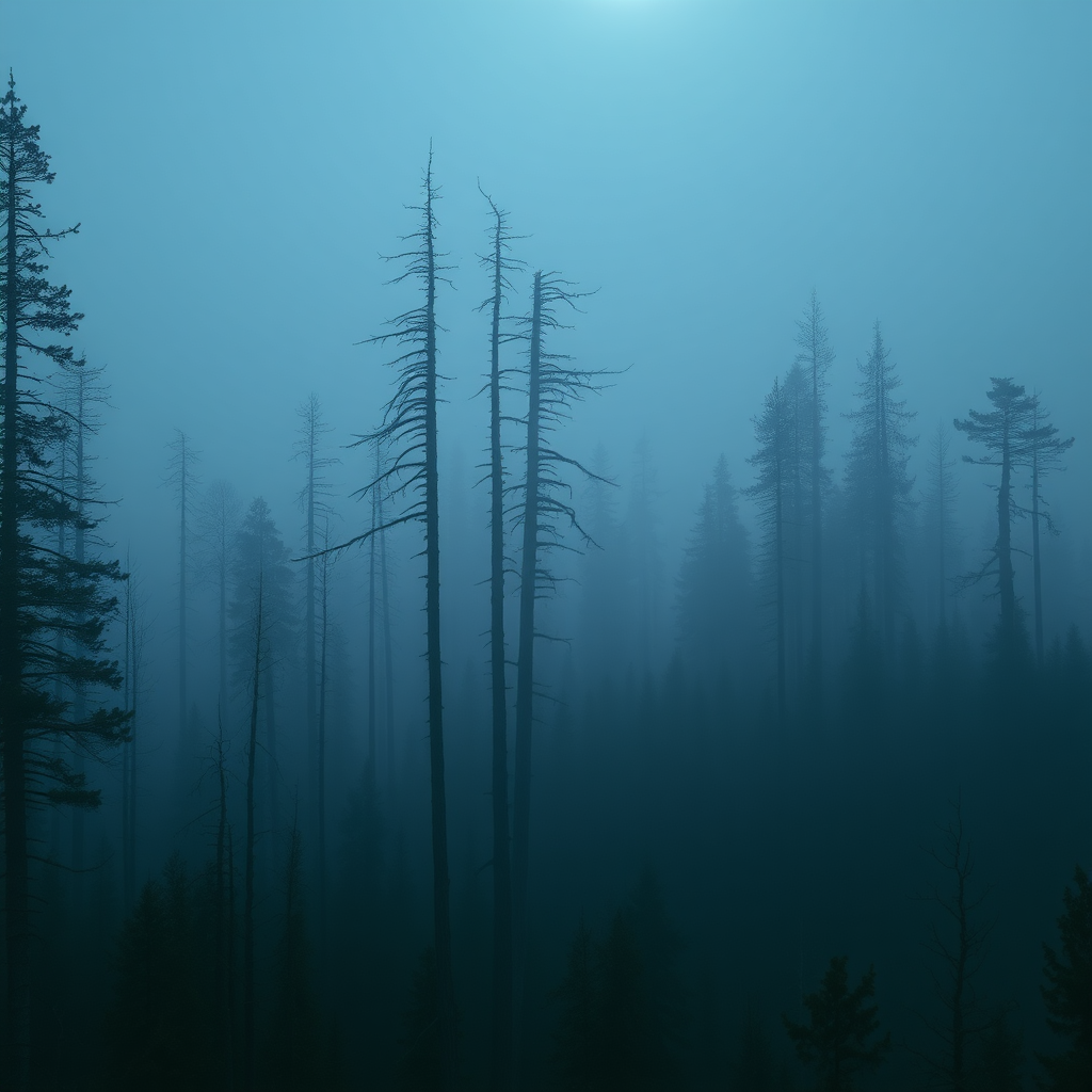 a photo of a foggy forest, by Kristian Zahrtmann, broken forests, eerie color, black fir, forest on the horizon, alien trees, destroyed forest, merging with tree in a forest, crescent moon, forested, barren, danila tkachenko, tall trees