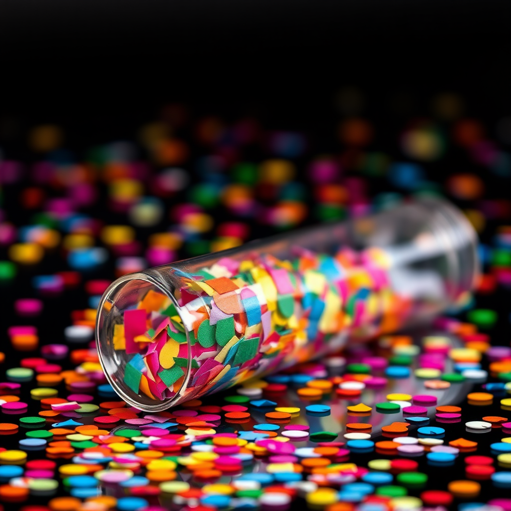 A photo of a glass fat transparent plain uniform confetti popper tube with colorful confetti inside, lying flat at an angle, with confetti around it, distant confetti blurred, reflections on the tube glass, tube closed from both ends.