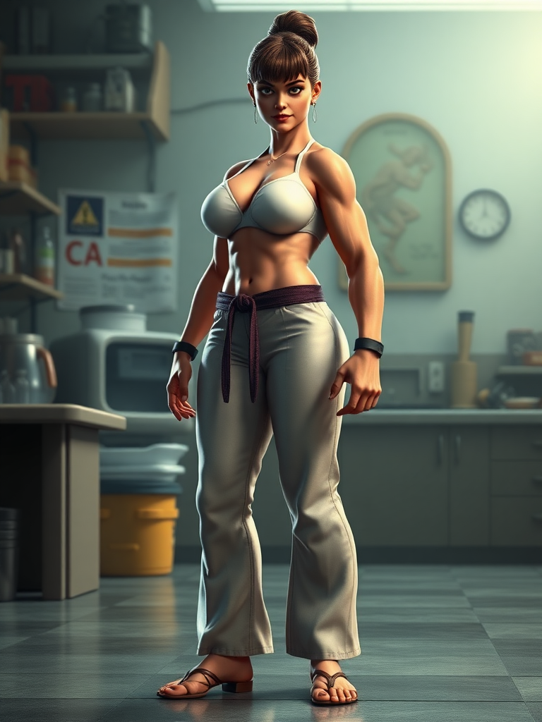 Create a hyper-realistic full-length render of Dexter's Mom from Dexter's Laboratory, maintaining her original head while transforming her body to resemble the muscular structure and silhouette of Ryu from Street Fighter. Ensure the proportions are dynamic and reflect the strength of Ryu’s physique, harmonizing with Dexter's Mom's character. The background should blend elements from both universes, incorporating a lab environment that hints at Dexter’s creations while including martial arts aesthetics. Pay attention to lighting and textures to enhance realism in the render, showcasing the unique fusion of these iconic characters.