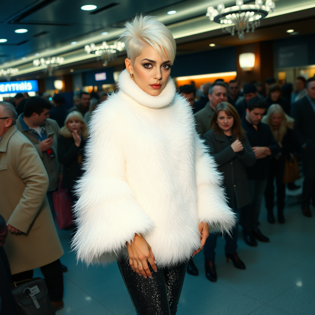 1990 winter evening, crowded cinema lobby: Sam, 19 years old beautiful involuntary femboy, rebellious intractable character, petite boyish figure, platinum blond boyish rebel punk hairstyle, flawless heavily made-up face with sharp arched tattooed eyebrows, wearing Supertanya-style fluffy very fuzzy bright white angora thigh-length turtleneck-poncho fully covering body and arms, silver-glitter leggings, black leather high-heeled pumps, silver earrings, puzzled alarmed, pout serious, impatiently waiting for her master. Other visitors watching laughing taking pictures. Full view of scene.