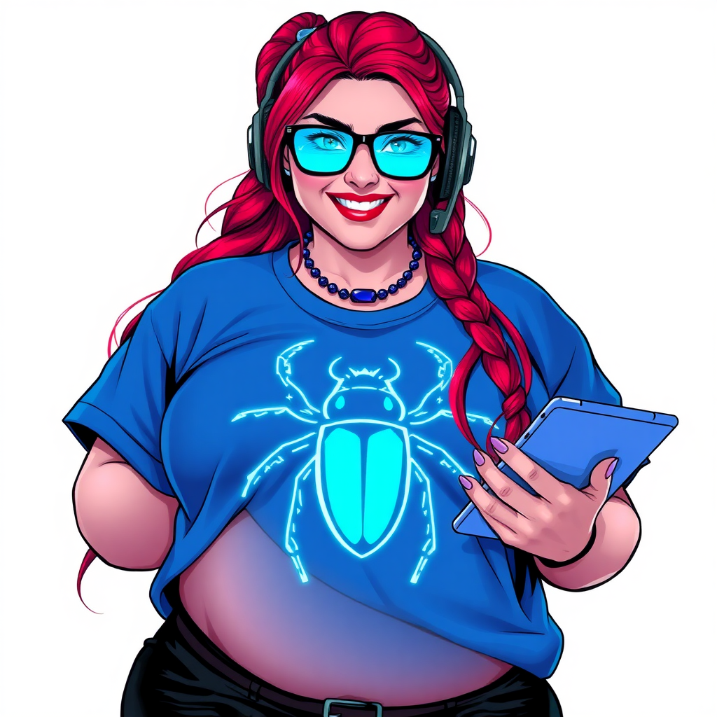 A cyberpunk vigilante’s full-figured intelligent and tech-savvy 29-year-old girlfriend, who is a computer hacker and tech genius. She has a long ruby red ponytail and bright blue eyes. She wears a sapphire beetle gemstone necklace, and an oversized maximum blue t-shirt featuring a giant neon blue glowing icon of a beetle on its chest. She has a full-figured physique with a prominent, gargantuan, round midsection, reflecting her well-cared-for lifestyle. The midsection is heavily emphasized. She sports a sapphire headset with hi-tech maximum turquoise lensed HUD visor, black eyeglasses, and a beaming smile with a passionate bright red blush. Despite her figure and a lack of self-esteem, she radiates an air of beauty. She has an angular face which contributes to her radiant beauty. She serves as his tech expert from his hideout, holding a holographic tablet and a hi-tech tool wrench. The background is solid white. She is drawn as if she was in a retro 2D cyberpunk fighting game. Make sure her shirt covers her round midsection.