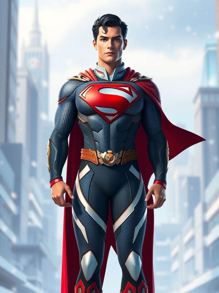 Create a full-length rendered image of Superman, integrating the female figure of Mei from Overwatch as the body. Retain Superman's head, hairstyle, and facial features. Merge Superman's costume with embellishments from Mei's outfit, ensuring the costume fits the new proportions. Design the background inspired by both Superman's Metropolis and the futuristic, snowy settings of Mei's scenes in Overwatch. Prioritize a harmonious blend of both characters' elements without losing their unique identities.