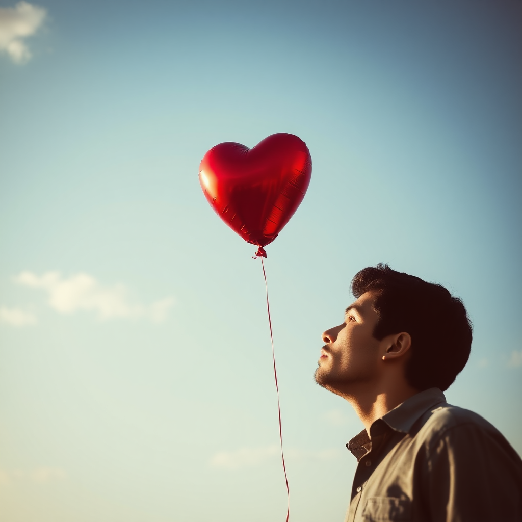 A picture of a man crying and letting a heart-shaped balloon go and float high up into the sky above.