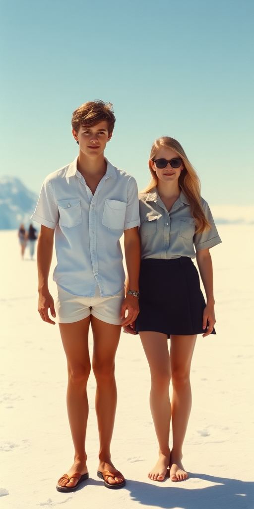 Vintage photo, 1980s. Hot summer. Antarctica. A tall skinny 13yo teen boy wearing short shirt, tight booty shorts, long legs, bare thighs. With a girl wearing shirt, long skirt. Full length view.