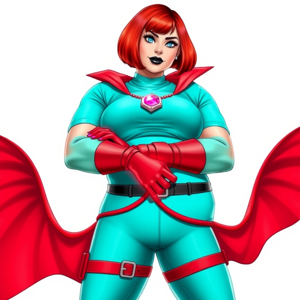 A 26-year-old, full-figured, magical girl vigilante detective becomes the heavily pampered mystical ally of her cyberpunk vigilante older brother figure. She has a bright red bob cut, black lipstick, and piercing bright blue eyes. She has a new non-athletic build, now highlighted by a prominent, round, gargantuan midsection (fully focused on her gargantuan belly), which shows the aftermath of her new pampered lifestyle. Despite her pampered physique, she shows full confidence. She wears a magical girl detective costume consisting of a gargantuan, magical, tight-fitting, maximum turquoise t-shirt (accentuating and emphasizing her gargantuan belly), maximum turquoise biker pants, complemented by a glowing neon red cape, a mystical ruby amulet (which is the source of her mystical powers), and magical red gloves glowing neon red. Her magical girl detective costume covers all her skin and emphasizes her full-figured physique (especially her gargantuan belly). Her stance is firm and resolute, arms crossed, exuding a no-nonsense attitude. Her costume reflects the influence of DC New 52 Prime Earth’s Phantom Lady, Jennifer Knight, while her pose embodies the moral ambiguity and determination reminiscent of DC’s Pax Americana’s The Question. She is on a solid white background. She is drawn as if she was in a retro 2D cyberpunk fighting game. She is clearly non-athletic, with a focus on her full-figured physique (especially her gargantuan belly). Make sure that her costume covers all of her bare skin (especially her gargantuan belly).