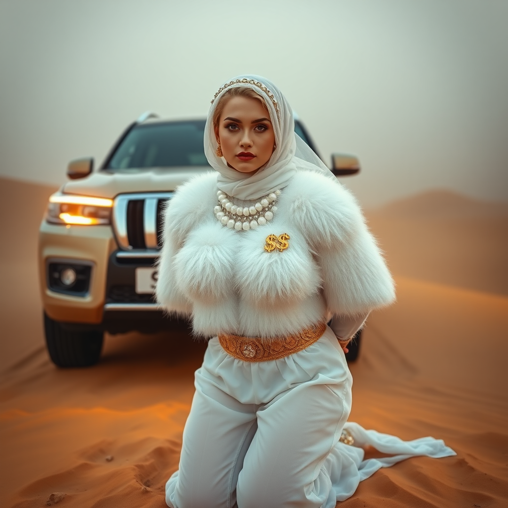 Kuwait desert dunes misty dawn, full size luxury SUV: Melissa, European 17 years old very convincing femboy “trophy-bimbo”, tamed servile docile, very beautiful feminine flawless face, rather short, by hormones very curvaceous womanly figured, platinum blond short tight curls, bold red lips, heavily made-up face, wearing Supertanya-style fluffy very fuzzy bright white angora turtleneck-poncho cropped ending under bust decorated with pearls and gemstones, striking oriental wide gold bridal protection belt, white fully transparent harem pants, full Oriental bridal jewelry including headpiece, white transparent harem-style alluring face veil covering noose and mouth, coin anklets, striking diamond “$$$” letter brooch on left chest, pout frustrated, hands tied behind back, kneeling in sand in front of SUV, looking at camera. Focus on face and turtleneck-poncho.