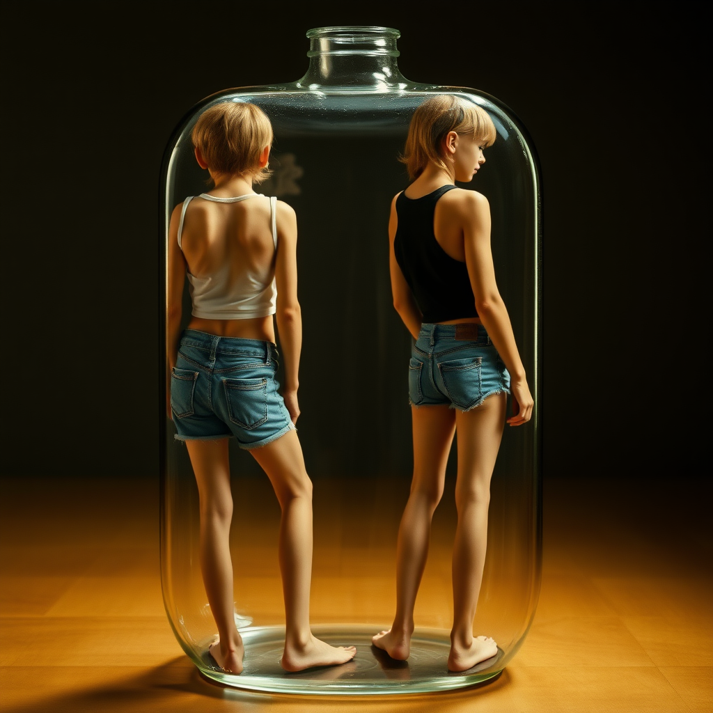 photorealistic, ultra high resolution, 16K, two skinny teen boys in a glass bottle, wearing crop thin tank top, denim tight booty shorts, long legs, bare thighs, long hairs bow cut. Full length view. Vintage photo, 1970s.