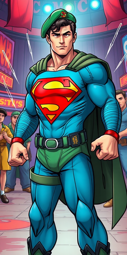 Create a full-length image of Superman, transformed into the body of Cammy White from Street Fighter. He has Cammy's iconic green beret and tactical outfit, but retains Superman's distinctive facial features and trademark cape, modified to fit his new form. His expression is a mix of confusion and determination as he stands in a dynamic fighting pose, surrounded by a vibrant Street Fighter stage, with onlookers in the background. The energy of the fight is palpable, with motion lines indicating action. The scene captures the surreal moment of a hero grappling with his unexpected transformation in a colorful, comic-style art.