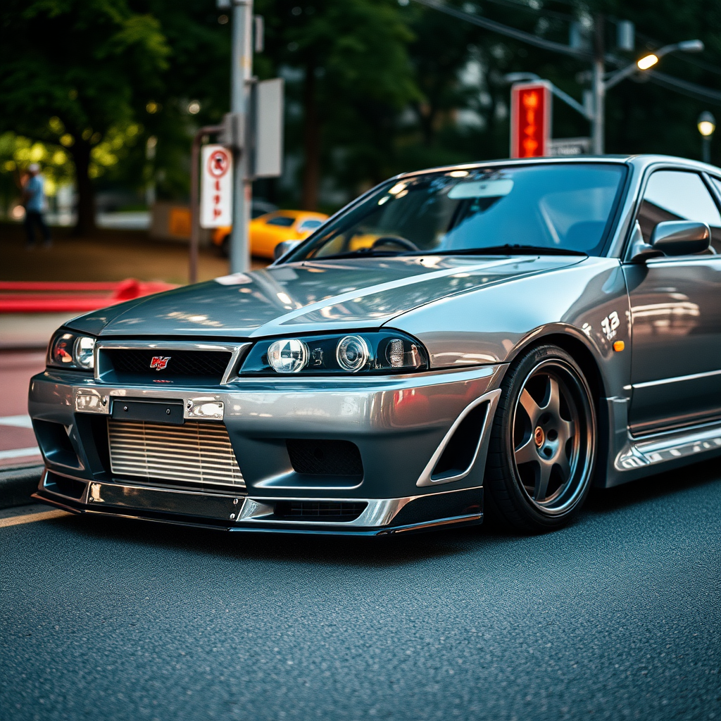 The car is parked on the side of the road, inspired by Taiyō Matsumoto, tumblr, restomod, nd4, c4 metallic shine gray black nissan skyline r34 tokyo arkaplan hatasız tam eksiksiz ayrıntılı genel gerçek detaylar en iyi fotoğraf poz sinematik hafif yağış su damlalar ıslak yol need for speed tarzı body kit